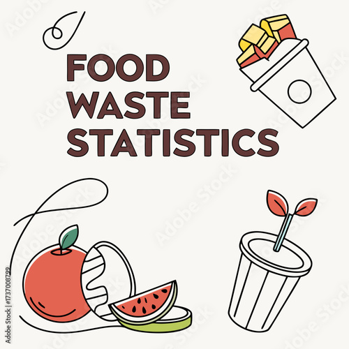 Illustrative graphic representing food waste statistics with icons of discarded food and growing plants