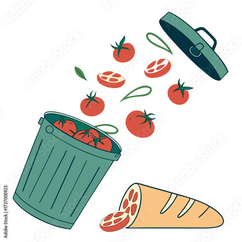 Tomatoes and bread slices are thrown into a tilted trash can with the lid open