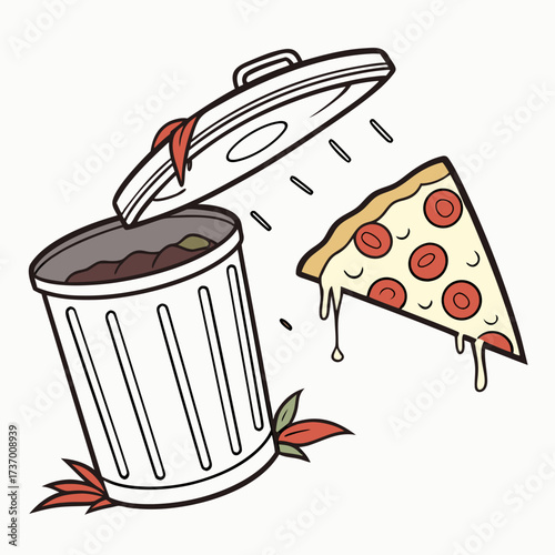 A slice of pepperoni pizza is thrown into an open trash can with a lid slightly ajar