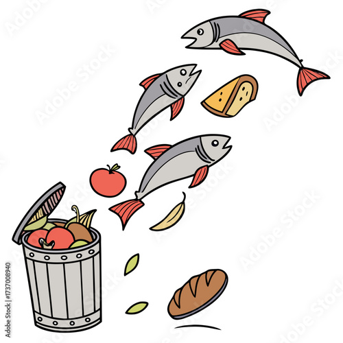 Cartoon illustration of fish and food items flying out of an overflowing trash can