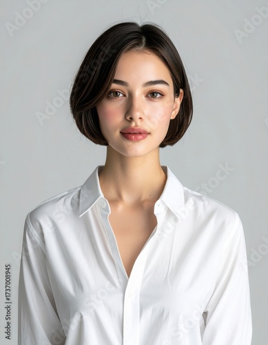 Professional fashion portrait of young woman in white blouse with clean look