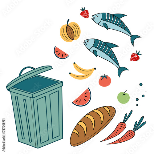 Cartoon illustration of various food items and fish being thrown into an open trash can