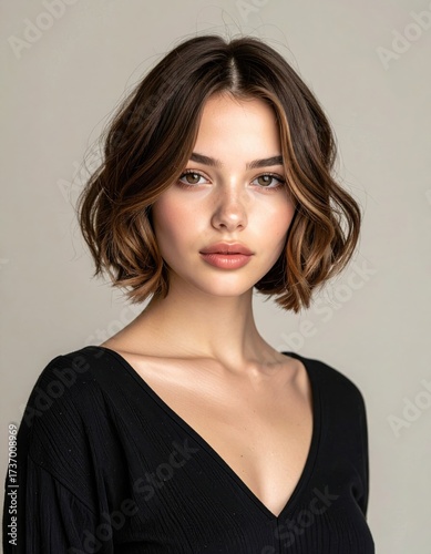 Elegant Portrait of Young Woman with Wavy Bob Hairstyle in Black Dress