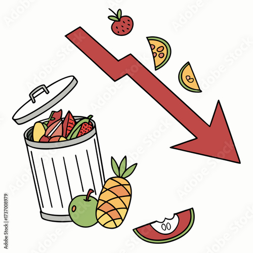 Concept of food waste and declining health represented by fruit being thrown into a trash can with a downward arrow