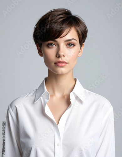 Chic modern woman with short hair and natural makeup in classic white shirt