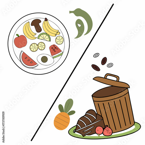 Healthy food choices on a plate contrasted with unhealthy food waste in a trash can