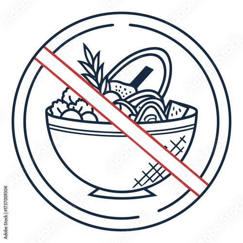 Stylized illustration of a bowl filled with food items crossed out by a red prohibition line