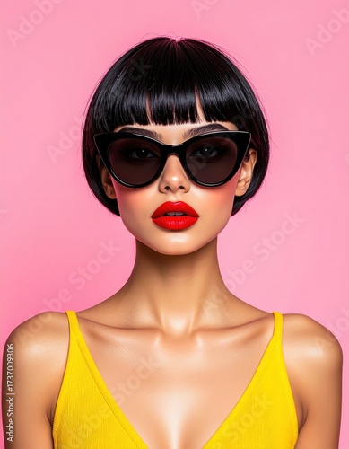 Chic woman in yellow dress with bob haircut and cat-eye sunglasses against pink background