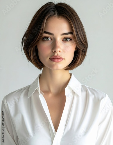 Confident woman in white shirt with natural makeup and short bob hairstyle