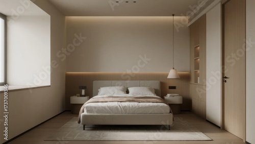 Minimalist bedroom with neutral tones, modern lighting, and built-in furniture