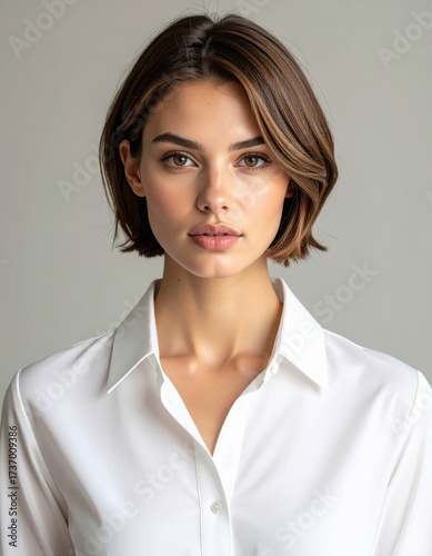Elegant portrait of young woman in crisp white blouse on neutral background