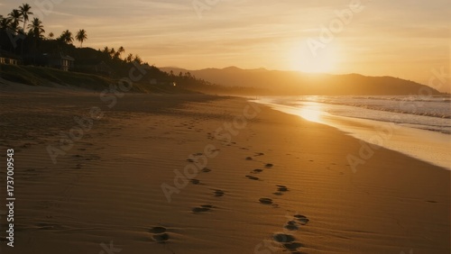 Sunset over a sandy beach with footprints leading toward the ocean, framed by distant hills and palm trees.
