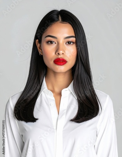 Minimalist Portrait of Elegant Woman in White Shirt with Red Lipstick
