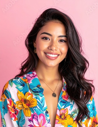 Elegant young woman in floral blouse, lifestyle fashion portrait with natural smile