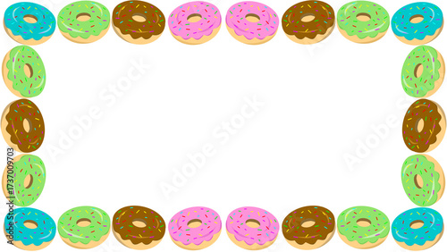 Colorful donut frame. Frame of various assorted donuts. Colorful donuts with sprinkles arranged around the edges on a white background. 