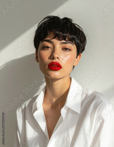 Minimalist portrait of a woman with short black hair, natural light and white shirt