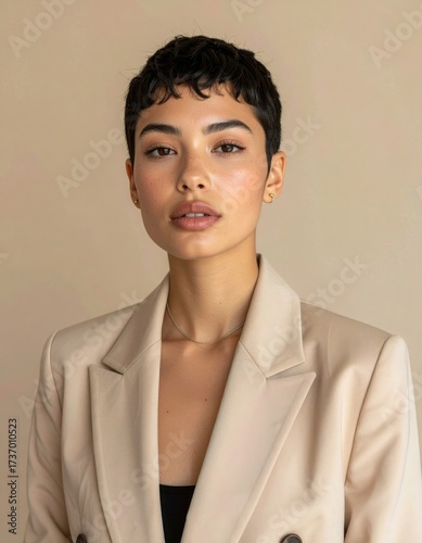 Professional studio portrait of a young woman with short pixie haircut wearing beige blazer