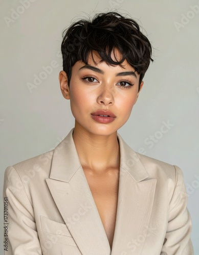 Confident fashion portrait of a young woman with cropped haircut in neutral tone blazer
