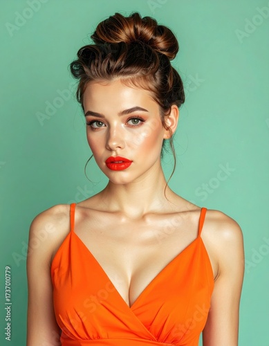 Glamorous Woman in Orange V-Neck Dress with Stylish Updo on Green Background