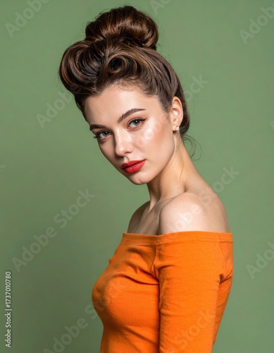 Chic Woman in Off-Shoulder Orange Top with High Updo Hairstyle