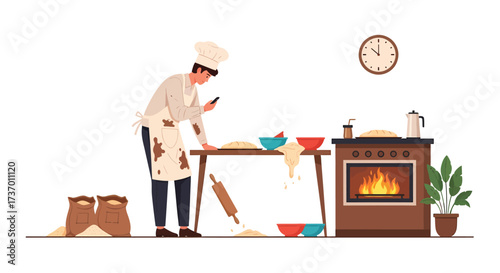 Chef in a messy kitchen taking a photo of his bread with his phone.