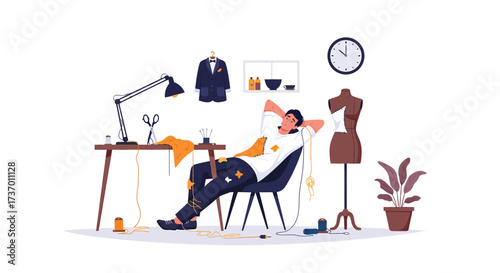 Relaxed Tailor Taking a Break Amidst Sewing Tools and Attire.