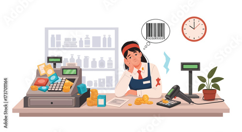 Depressed cashier with barcode thoughts cash register and store shelves.