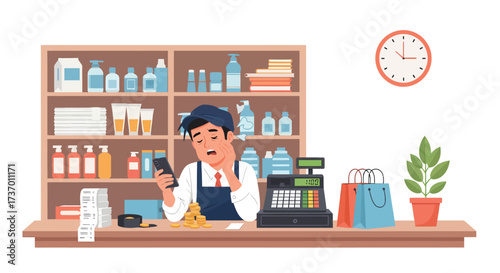 Exhausted Shopkeeper Checking Phone Amidst Empty Shop and Sales.
