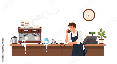 Coffee Shop Scene with Barista Tasting Espresso and Espresso Machine.