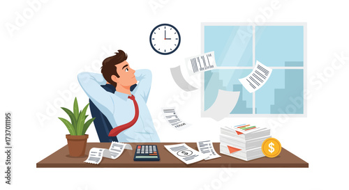 Relaxed businessman with financial documents calculator coin and plant on desk.