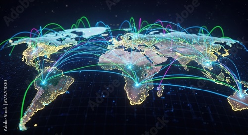 Global network connecting world continents with vibrant digital lines for international business and technology solutions, showcasing worldwide connections