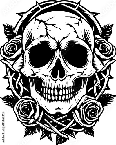 SVG skull tattoo design in a Halloween dark warrior style. Skull with Roses and Thorns in Bold Black and White Design