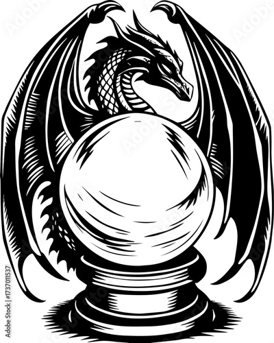 SVG skull tattoo design in a Halloween dark warrior style. Mysterious Dragon with Crystal Ball in Intricate Black and White Art