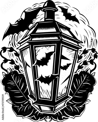 SVG skull tattoo design in a Halloween dark warrior style. Vintage Halloween Lantern Design with Bats and Gothic Elements