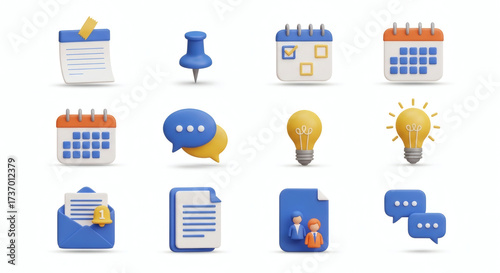 Modern 3D business and productivity icon collection calendars, messages, lightbulbs, and documents for effective digital project management and communication.