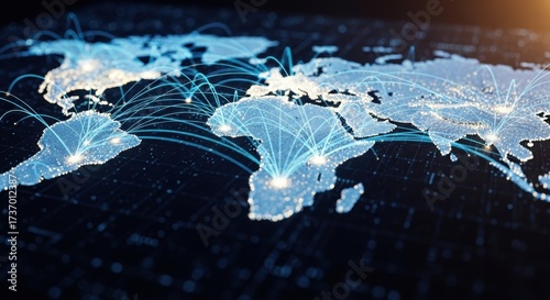 Global network connecting continents with bright data streams, visualizing international business and worldwide communications in a modern, futuristic style