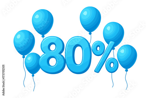 80 percent off sale banner. Creative 3D composition with eighty percent discount symbol and blue balloons. Mega sale promotion or bonus poster. Vector element isolated on white.