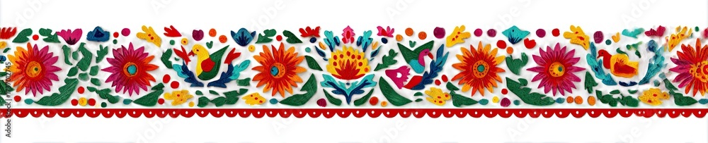 Obraz premium Colorful embroidered floral and bird pattern border with red scalloped edge on white