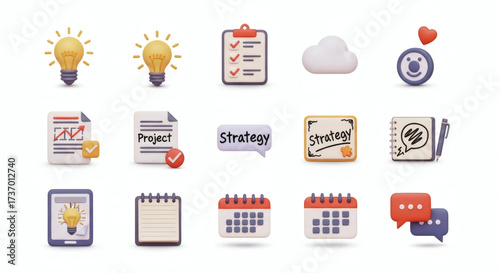 Comprehensive 3D Business Icons Set Ideas, Project Management, Strategy, Communication, and Planning Tools for Modern Workflows