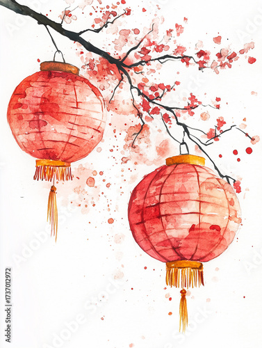 Red Chinese lanterns and sakura branches with pink flowers, white background. Watercolor illustration, sketch. Asian silk lanterns. Card for lunar new year, tet.