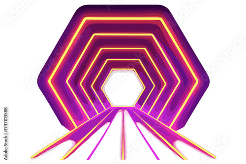 Futuristic hexagonal neon tunnel background. 3D render of a glowing violet and yellow portal. Abstract virtual reality corridor concept with vibrant light and pathway.
