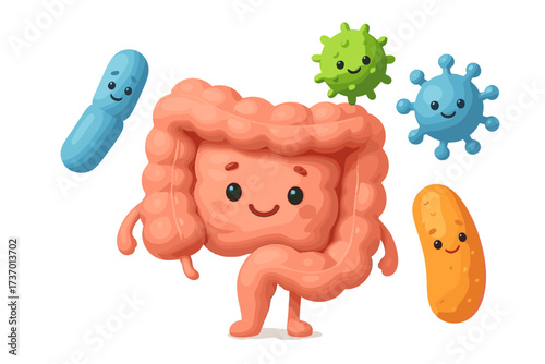 Cute intestine character with good bacteria and viruses. Gut microflora and microbiome health concept. 3D render mascot design with probiotics for digestion and healthy flora.