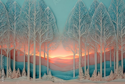 A winter landscape, crafted from layered paper, showcasing a forest of intricate, snow-laden trees against a sunrise sky.