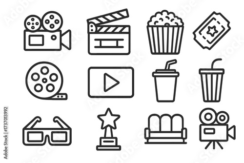 Cinema movie line icon set. Film production equipment and entertainment symbols. Vector illustration collection with camera, clapperboard, popcorn, ticket, 3D glasses, play button.