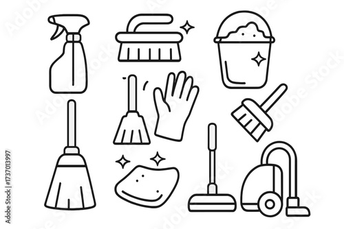 Cleaning services and housekeeping icon set. Linear collection of domestic tools and equipment for hygiene. Vector illustration of broom, mop, vacuum cleaner, brush, spray.