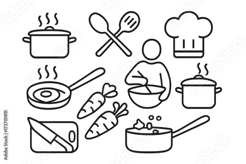 Cooking and kitchen line icon set. Food preparation process symbols. Vector outline of chef, pot, pan, boil, fry, mix, chop. Utensils for recipe, menu, culinary blog.