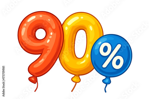 90 percent off sale balloons. Concept for discount, advertising, promotion, marketing. Vector illustration of number shaped balloons. Price reduction, special offer, clearance.