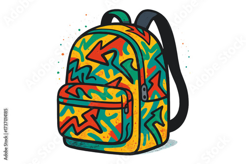 90s urban graffiti backpack isolated on white. Textured vector illustration for back to school. Retro colorful abstract street art style. Cartoon rucksack for students and travel.