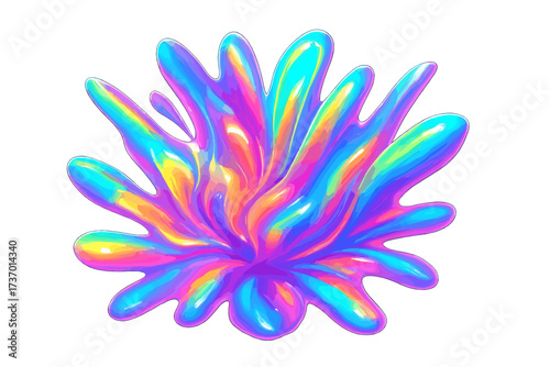 Abstract holographic liquid splash in shape of a flower. Chromatic iridescent texture. Colorful explosion. Glossy metallic fluid composition. 3D render vibrant futuristic art.