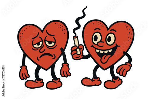 Anti-Valentine's Day heart characters concept. Funny mascots with a mood swing, from sad and depressed to manic and crazy. Metaphor for toxic relationships or bipolar disorder. Groovy retro cartoon.